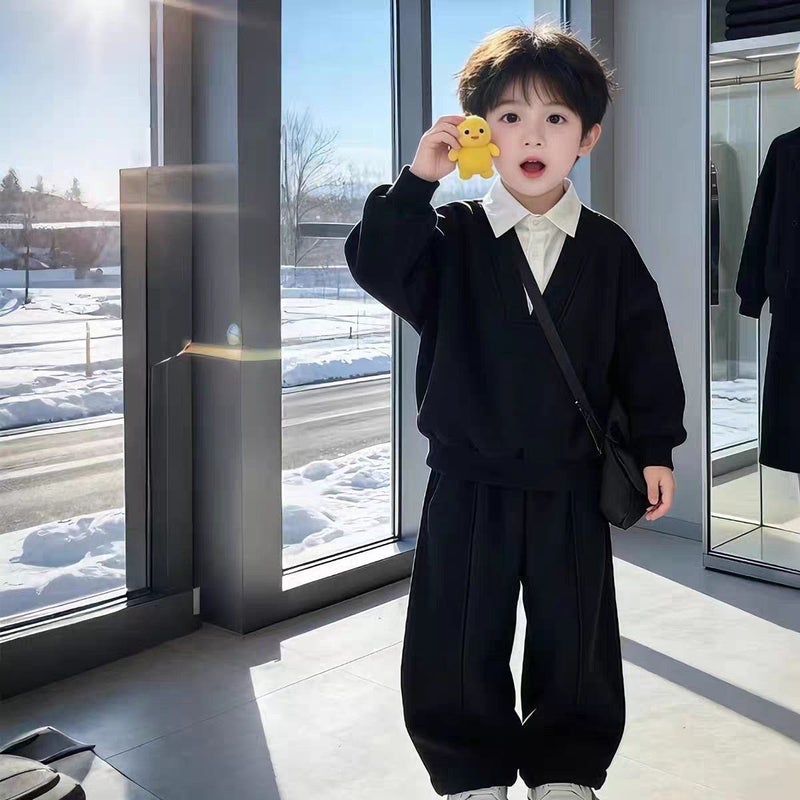 Boys'' New Spring and Autumn Outfit Set, Autumn Sweatshirt with Faux Two-Piece Design, Children''s Two-Piece Set for Small and Medium-Sized Kids, Casual and Stylish - Image 5