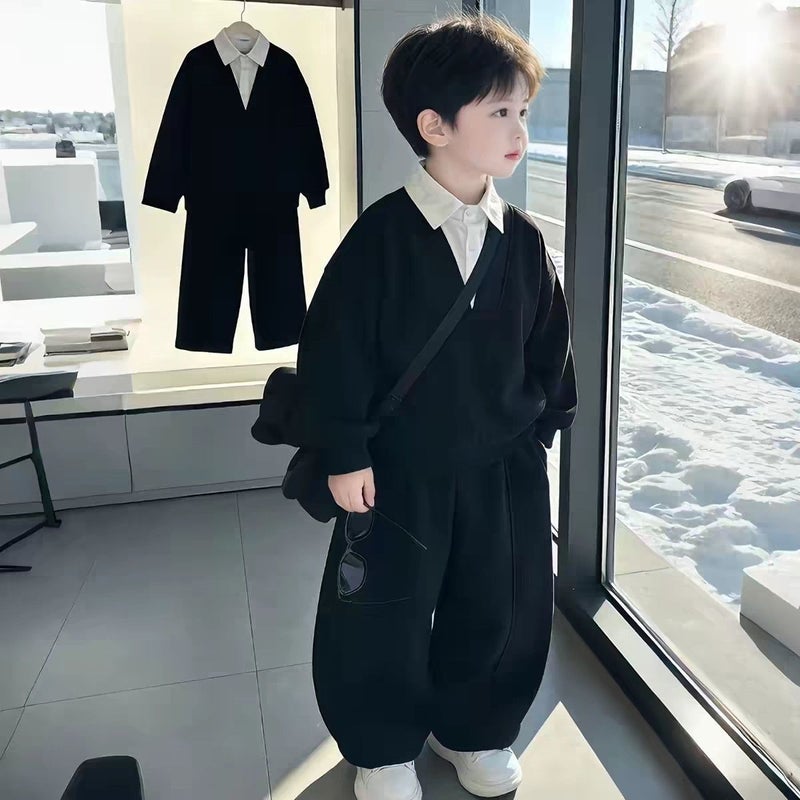 Boys'' New Spring and Autumn Outfit Set, Autumn Sweatshirt with Faux Two-Piece Design, Children''s Two-Piece Set for Small and Medium-Sized Kids, Casual and Stylish - Image 3