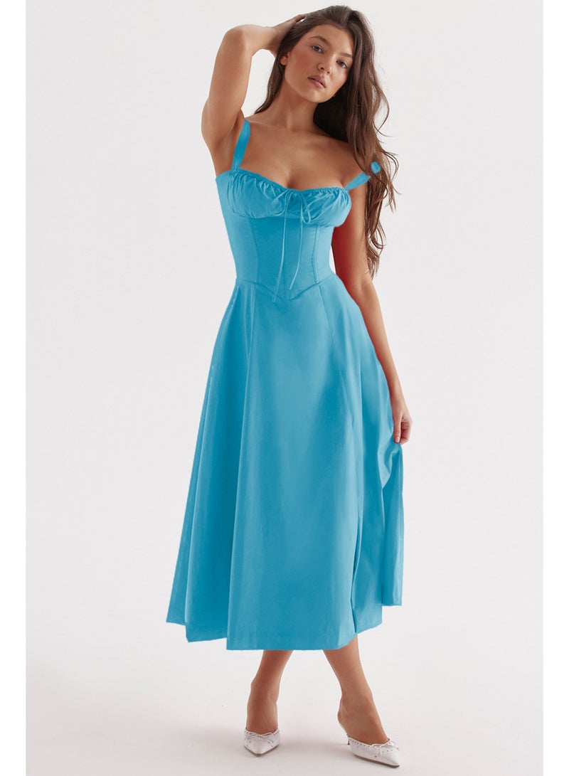 SCACTO Floral Print Bustier Top Lace Up Split Midi Dress 
