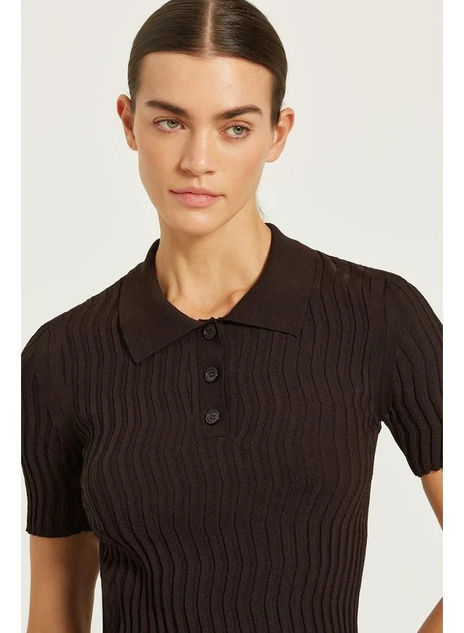 Mısırlı 1951 Dark Coffee Polo Neck Wave-Pattern Women's Sweater.