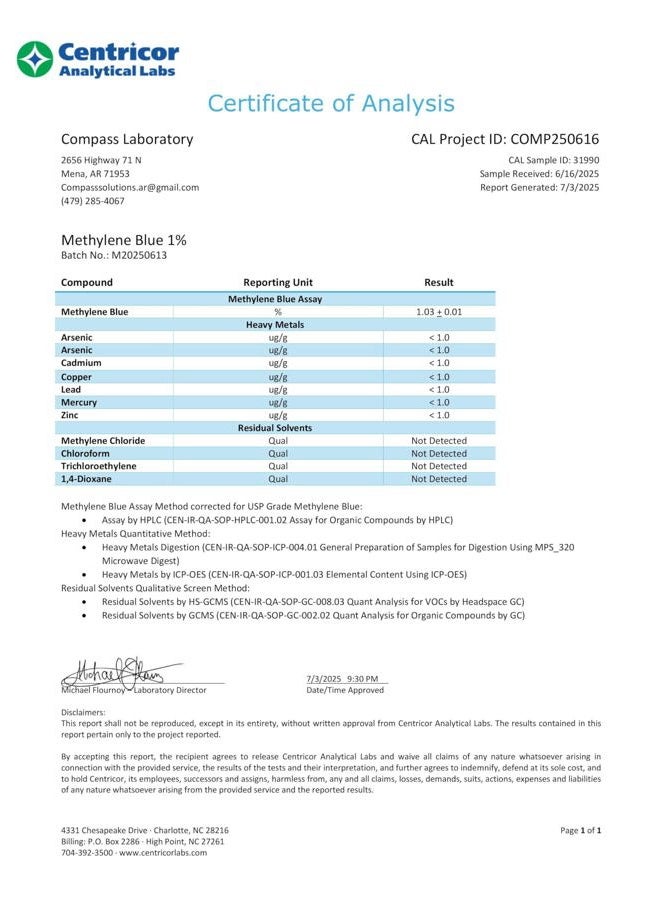 COMPASS LABORATORY ميثيلين أزرق 1% | سائل كلوريد ميثيلثيونينيوم من الدرجة الصيدلانية | مكمل غذائي عالي النقاء لوظيفة الدماغ وصحة الإدراك | خالي من الفورمالديهايد (1)50 مل زجاجة قطارة - Image 4