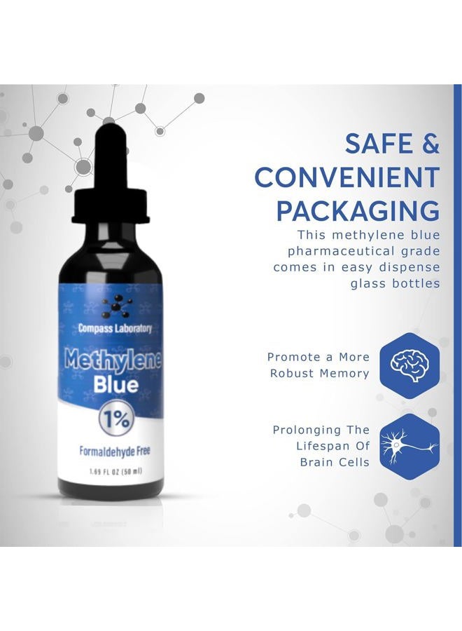 COMPASS LABORATORY ميثيلين أزرق 1% | سائل كلوريد ميثيلثيونينيوم من الدرجة الصيدلانية | مكمل غذائي عالي النقاء لوظيفة الدماغ وصحة الإدراك | خالي من الفورمالديهايد (1)50 مل زجاجة قطارة - Image 3