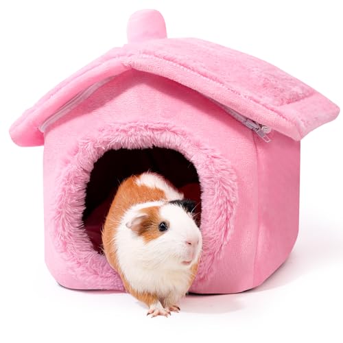 ONEJU Guinea Pig Hideout Guinea Pig Bed Separable Plush Roof Bunny Hideout Rabbit Bed House Bed for Small Pets Pure Pink - Image 1