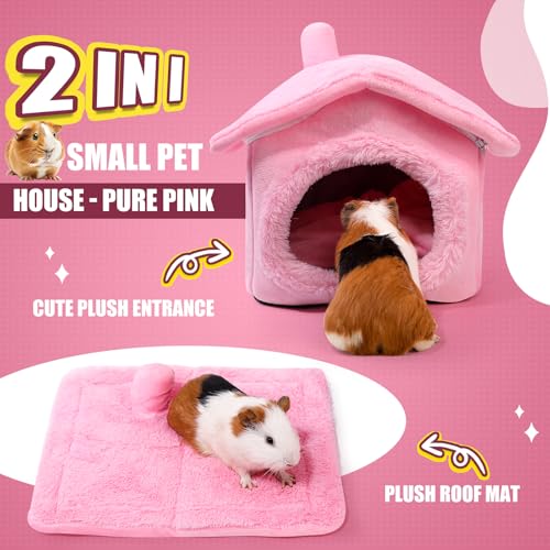 ONEJU Guinea Pig Hideout Guinea Pig Bed Separable Plush Roof Bunny Hideout Rabbit Bed House Bed for Small Pets Pure Pink - Image 3