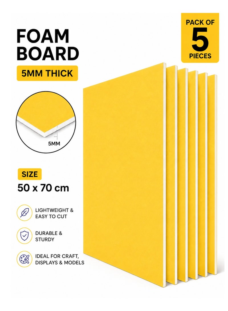 5-Piece 5mm Thick Foam Board For Craft And Illustration 50x70cm Size Yellow - Image 1