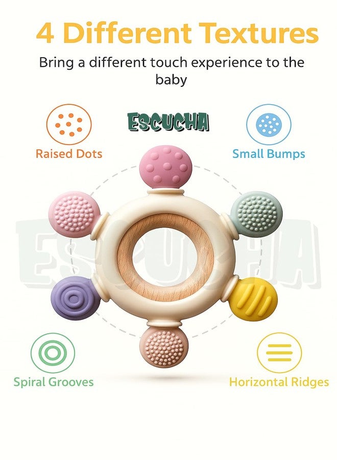 Escucha Silicone & Wood Teether for 3 + Months - BPA-Free Soft Chew Toy with Natural Wooden Ring - Lightweight, Easy-Hold Soothing Teether for Babies - Image 4