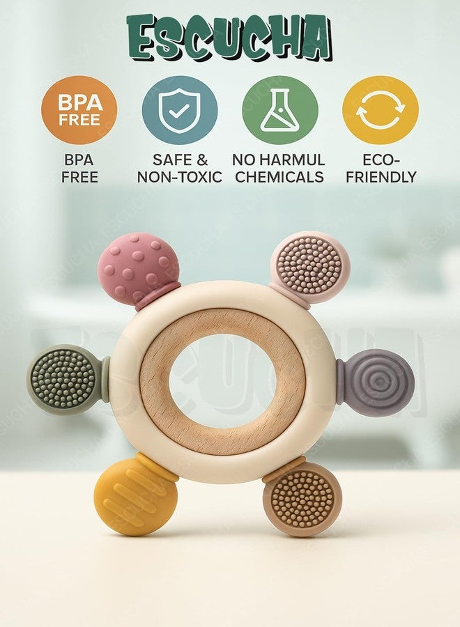 Escucha Silicone & Wood Teether for 3 + Months - BPA-Free Soft Chew Toy with Natural Wooden Ring - Lightweight, Easy-Hold Soothing Teether for Babies - Image 3