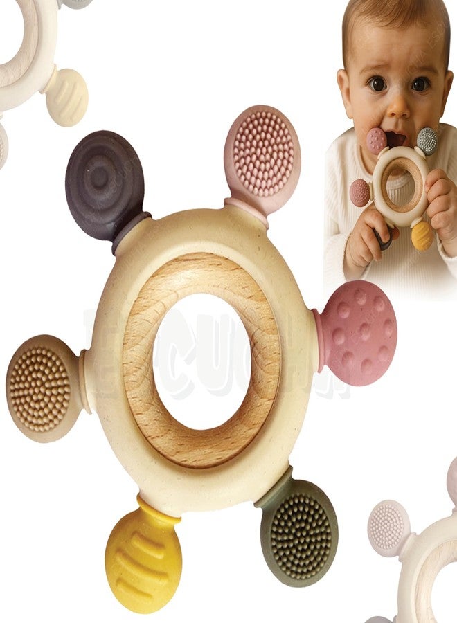 Escucha Silicone & Wood Teether for 3 + Months - BPA-Free Soft Chew Toy with Natural Wooden Ring - Lightweight, Easy-Hold Soothing Teether for Babies - Image 1