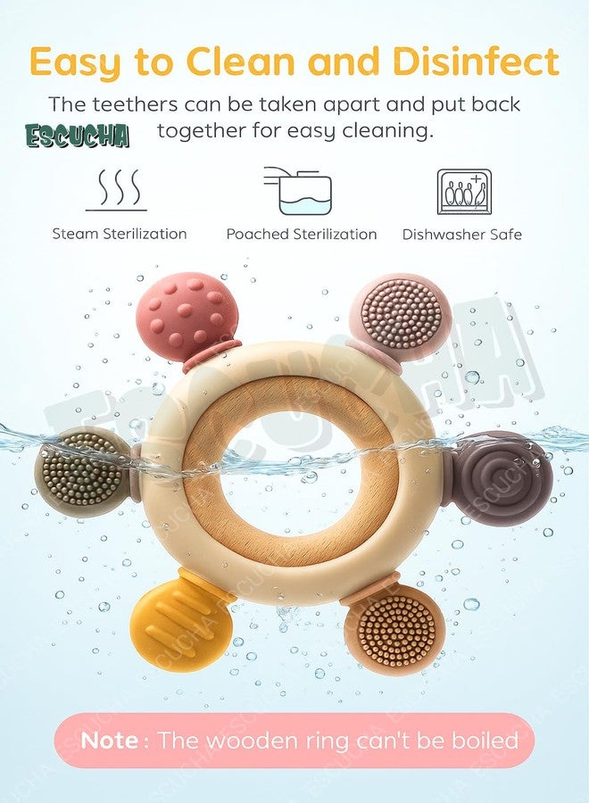 Escucha Silicone & Wood Teether for 3 + Months - BPA-Free Soft Chew Toy with Natural Wooden Ring - Lightweight, Easy-Hold Soothing Teether for Babies - Image 2