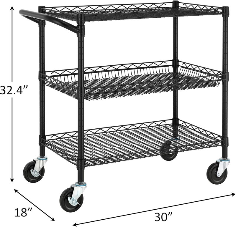 Finnhomy 3 Tier Heavy Duty Commercial Grade Utility Cart, Wire Rolling Metal Trolley with Handle Bar, Steel Kitchen Service Cart with Wheels, Food Storage Trolley on Wheels, NSF Listed, Black - Image 3
