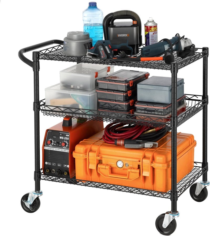 Finnhomy 3 Tier Heavy Duty Commercial Grade Utility Cart, Wire Rolling Metal Trolley with Handle Bar, Steel Kitchen Service Cart with Wheels, Food Storage Trolley on Wheels, NSF Listed, Black - Image 2