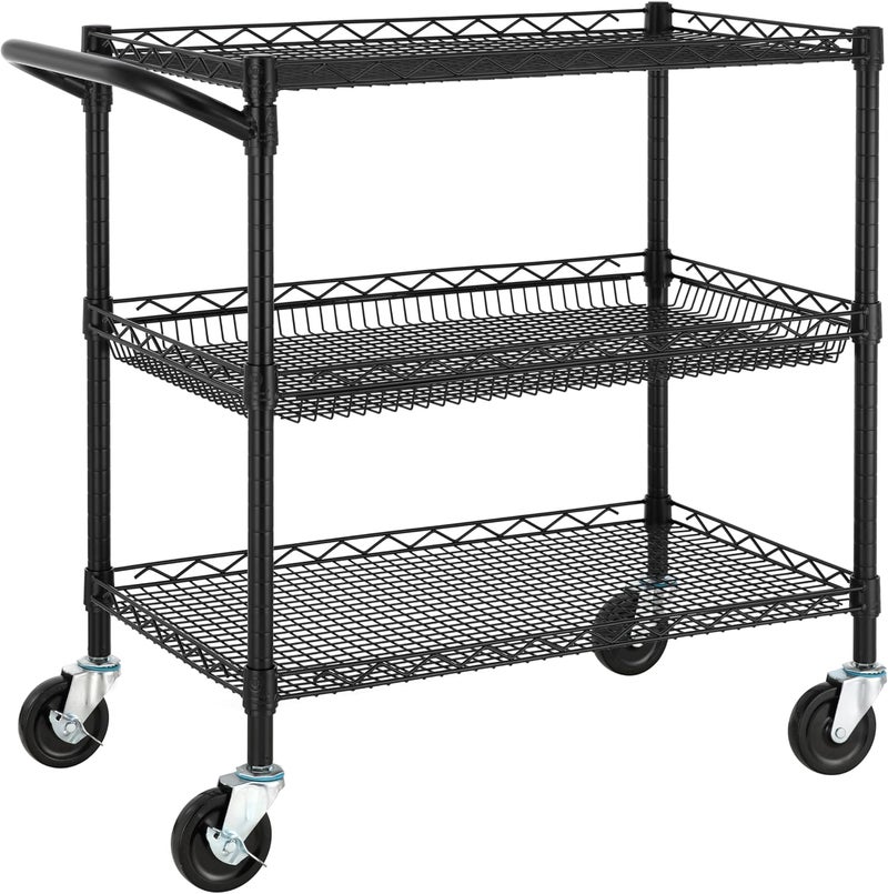 Finnhomy 3 Tier Heavy Duty Commercial Grade Utility Cart, Wire Rolling Metal Trolley with Handle Bar, Steel Kitchen Service Cart with Wheels, Food Storage Trolley on Wheels, NSF Listed, Black - Image 1