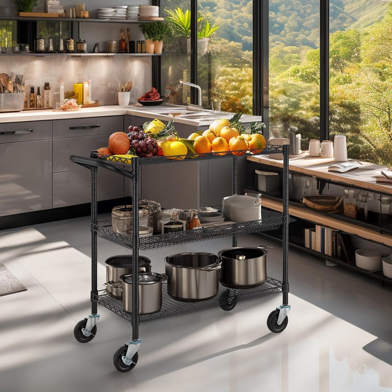 Finnhomy 3 Tier Heavy Duty Commercial Grade Utility Cart, Wire Rolling Metal Trolley with Handle Bar, Steel Kitchen Service Cart with Wheels, Food Storage Trolley on Wheels, NSF Listed, Black - Image 4