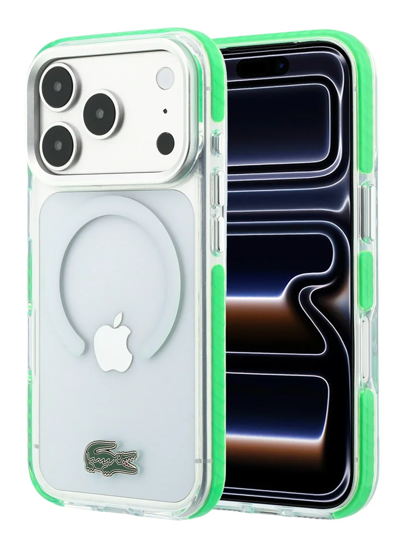 لاكوست جراب حماية صلب مقاوم للصدمات لهاتف iPhone 18 Pro Max بتقنية Magsafe، مزود بلمسة نهائية من مادة IML وحلقة مغناطيسية، متوافق مع الشحن اللاسلكي وشعار معدني.
