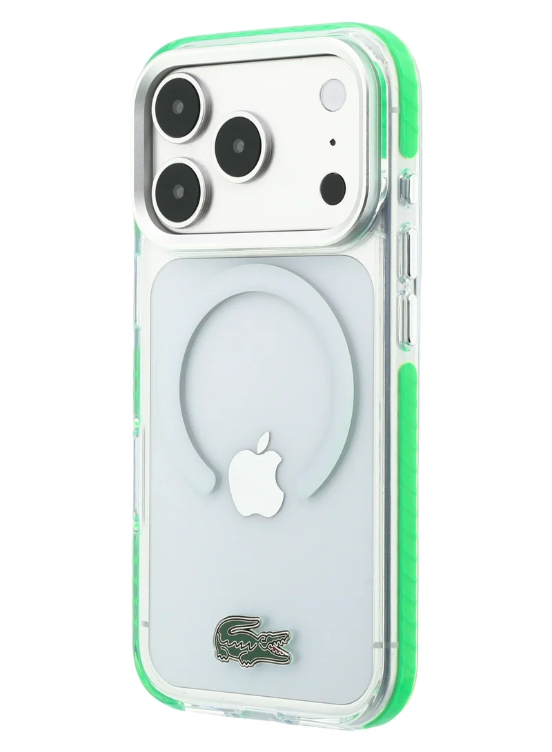 لاكوست جراب حماية صلب مقاوم للصدمات لهاتف iPhone 18 Pro Max بتقنية Magsafe، مزود بلمسة نهائية من مادة IML وحلقة مغناطيسية، متوافق مع الشحن اللاسلكي وشعار معدني.