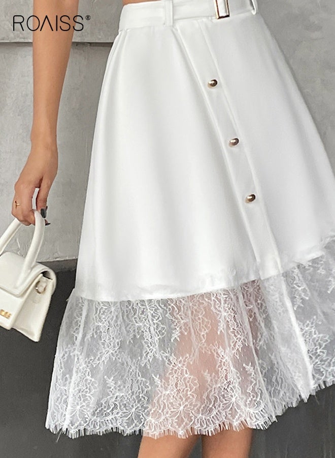 رويس تنورة نسائية من الدانتيل الشبكي بخصر مرتفع، تنورة أنيقة بلون سادة غير منتظمة بحزام على شكل حرف A، تنورة صيفية للنساء، باللون الأبيض - Image 5