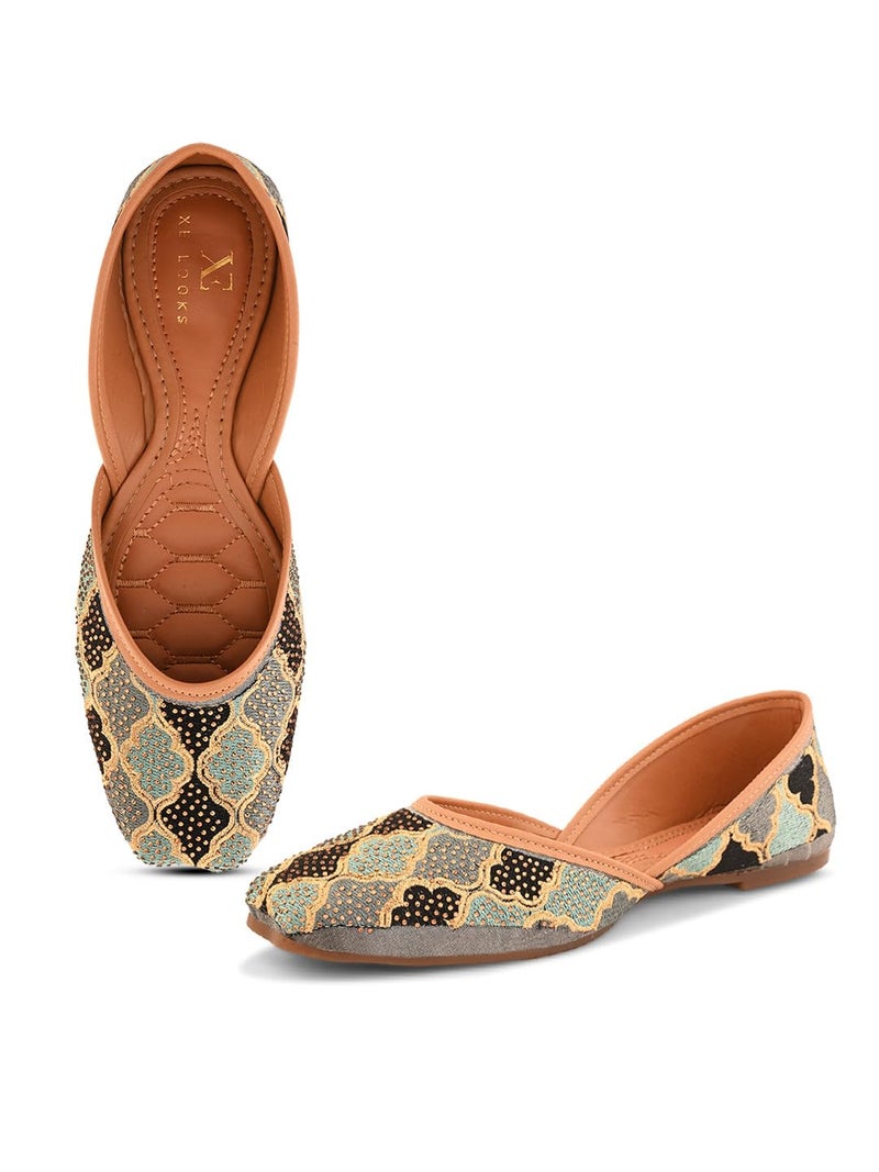 XE Looks Handcrafted Grey Embroidered Jutti – Traditional Ethnic Punjabi Juttis with Intricate Threadwork & Sequin Detailing for Girls & Women - Image 1