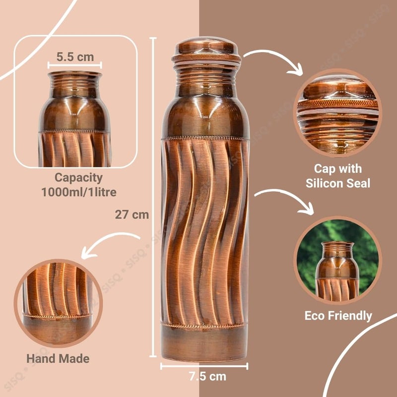 Sisq Pure Copper Water Bottle 1 Litre Handcrafted 1000ml Antique Copper Bottle Wave Designed for Sustainable Living - Image 3