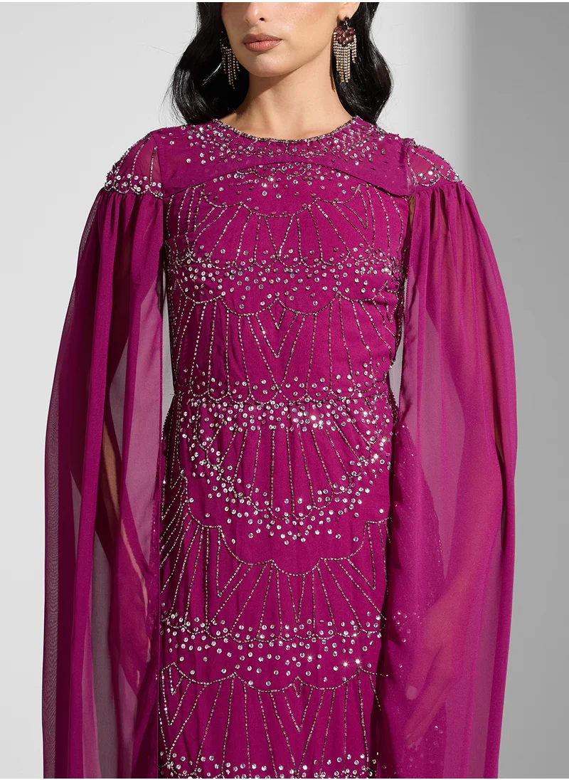 Amelia Rose Embellished Cape Sleeves Maxi Dress