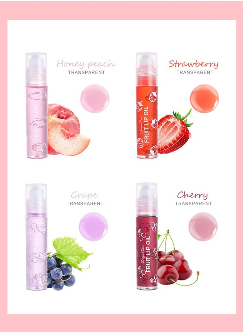 4Pcs Fruit Lip Oil, Glossy Roll-on Lip Glow Balm Set, Transparent Moisturizing Lipsticks, Lip Care Kit for Dry and Chapped Lips