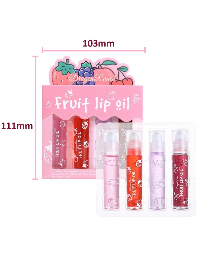 4Pcs Fruit Lip Oil, Glossy Roll-on Lip Glow Balm Set, Transparent Moisturizing Lipsticks, Lip Care Kit for Dry and Chapped Lips