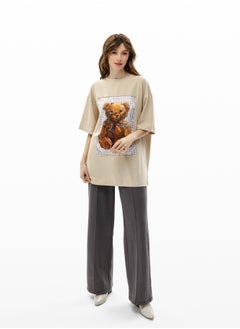 Artograph Women oversize premium cotton beige T-shirt with artist unique painting Bear  - Image 2