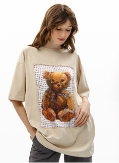 Artograph Women oversize premium cotton beige T-shirt with artist unique painting Bear  - Image 3