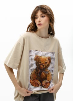 Artograph Women oversize premium cotton beige T-shirt with artist unique painting Bear  - Image 4