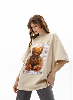 Artograph Women oversize premium cotton beige T-shirt with artist unique painting Bear  - Image 5