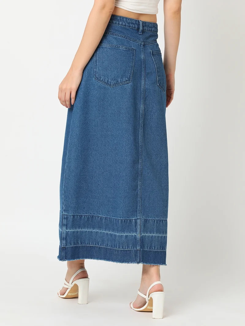 globus Women Washed Denim Front-Slit A-Line Pure Cotton Maxi Skirt