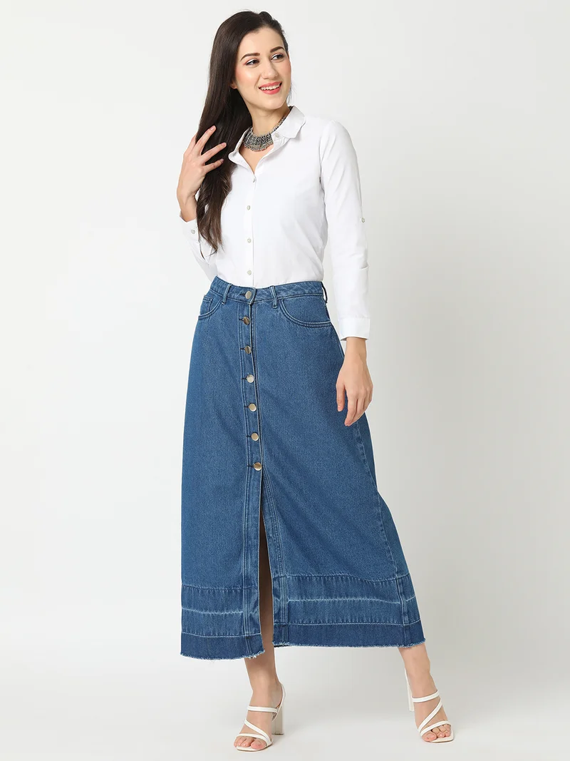 globus Women Washed Denim Front-Slit A-Line Pure Cotton Maxi Skirt