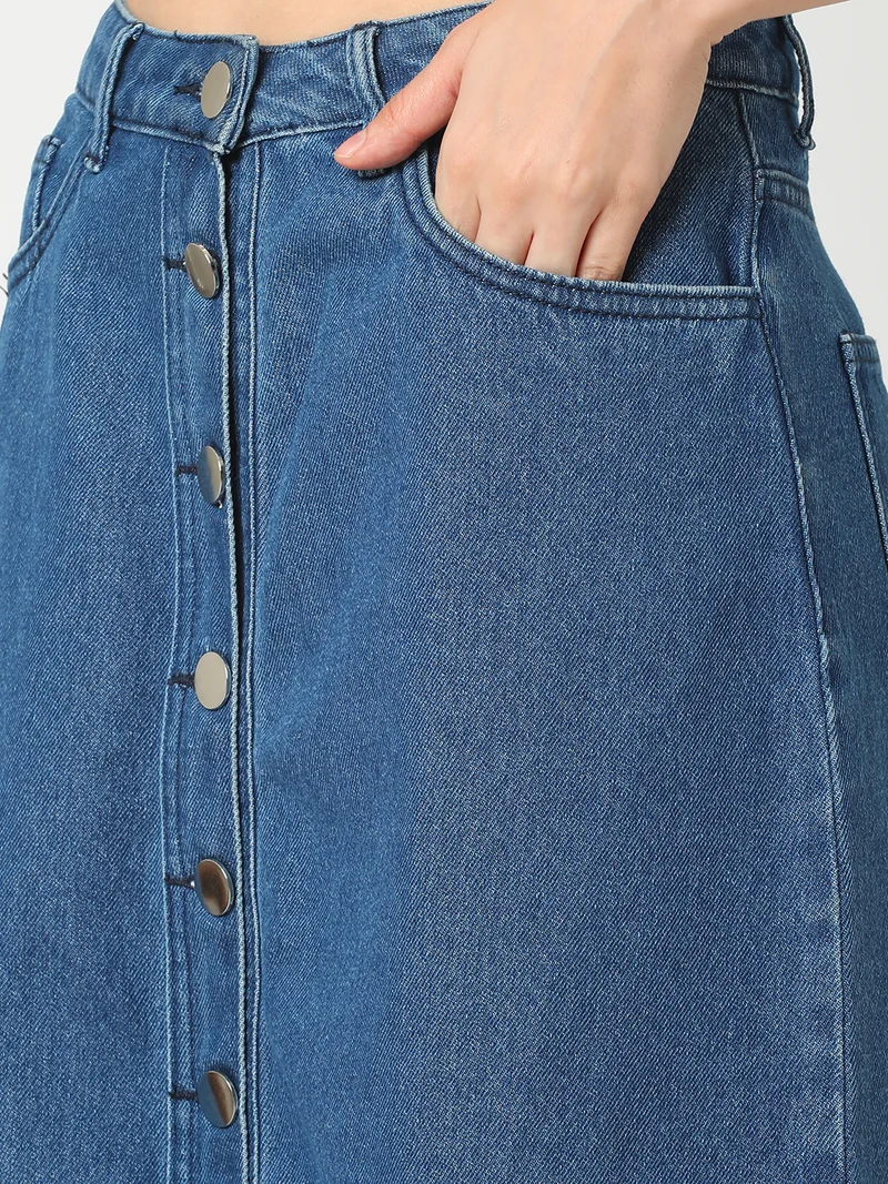 globus Women Washed Denim Front-Slit A-Line Pure Cotton Maxi Skirt