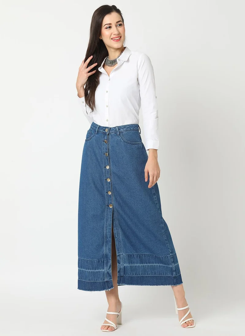 globus Globus Women Washed Denim Front-Slit A-Line Pure Cotton Maxi Skirt