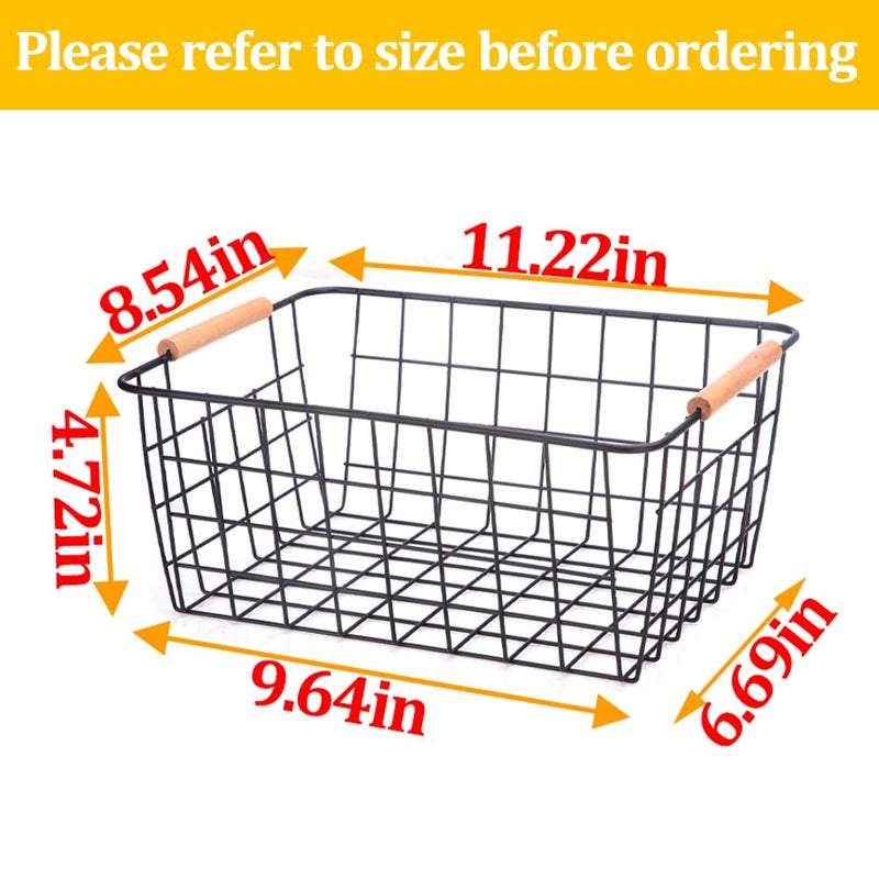 LeleCAT Wire Baskets with Wooden Handles, Wire Storage Organizer Baskets, Household Refrigerator for Cabinets, Pantry, Closets, Bedrooms - Set of 4ï¼ˆBlack) - Image 2