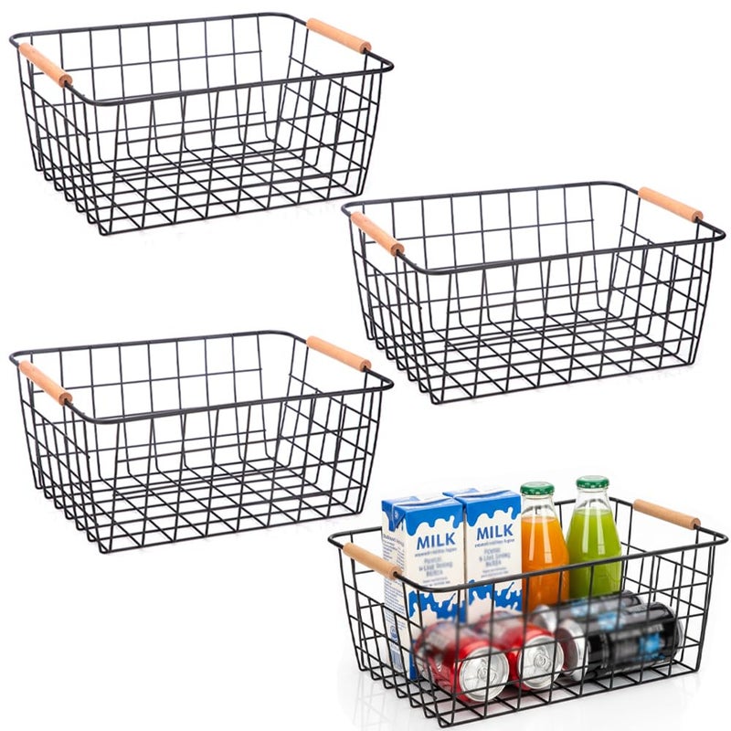 LeleCAT Wire Baskets with Wooden Handles, Wire Storage Organizer Baskets, Household Refrigerator for Cabinets, Pantry, Closets, Bedrooms - Set of 4ï¼ˆBlack) - Image 1