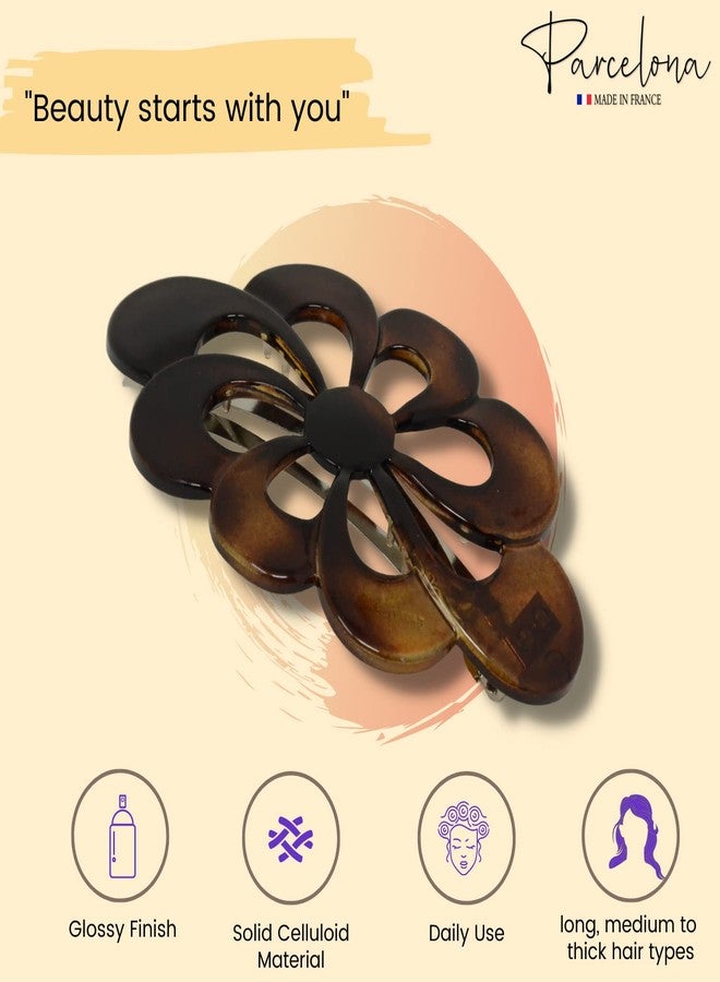 Parcelona French Wide Flower 4" Medium Tortoise Shell Celluloid Hair Barrette Clips Non Slip Women Hair Accessories, Made in France - Image 2