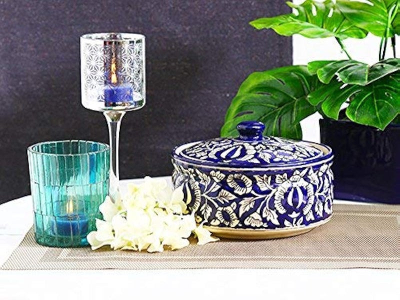 caffeine ceramic handmade blue mughal serving donga with lid (set of 1) - Image 1