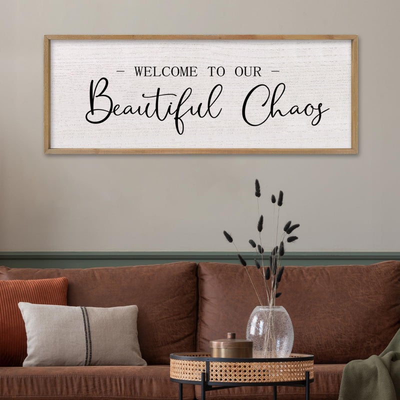 comurdyo Welcome To Our Beautiful Chaos Sign 32"X12" for Farmhouse Living Room Wall Decor Home Rustic Large Family Wood Framed Wall Art Plaque Hanging (Wood) - Image 3