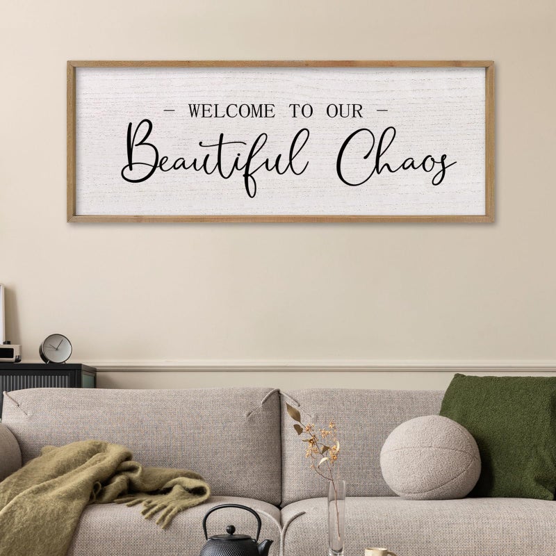 comurdyo Welcome To Our Beautiful Chaos Sign 32"X12" for Farmhouse Living Room Wall Decor Home Rustic Large Family Wood Framed Wall Art Plaque Hanging (Wood) - Image 1