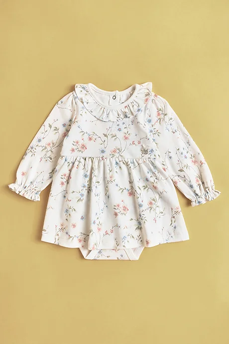 أر أند بي Printed Bodysuit Dress with Crew Neck and Long Sleeves