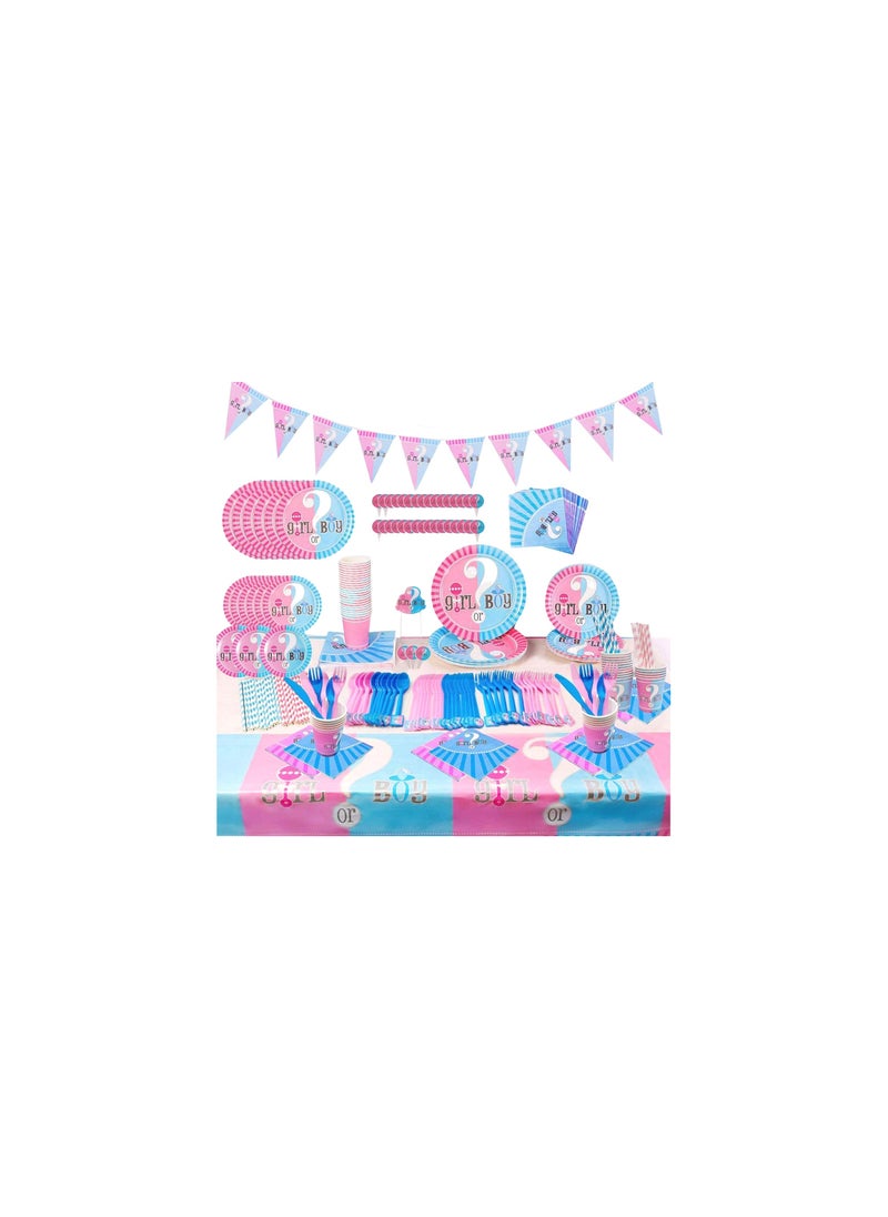 Party with Emma 135 Pcs Gender Reveal Boy or Girl Party Supplies Serve 16 Guests Oh Baby Party Tableware Set Guest Baby Gender Reveal Spoons Plates Cups Straws Napkins Tablecloth Cake Topper  - Image 1