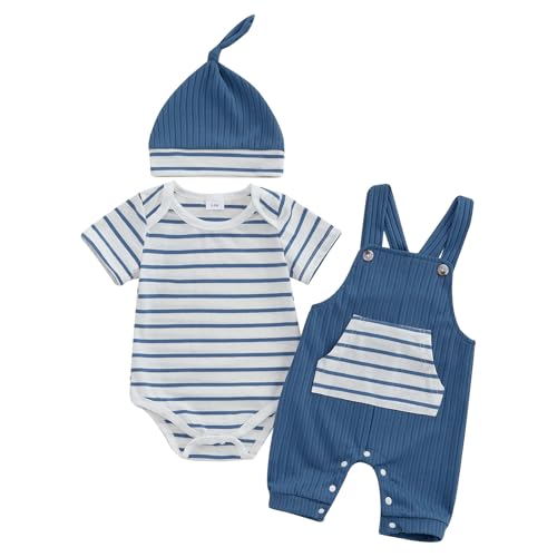 Bonangber Newborn Baby Boy Summer Clothes Stripe Short Sleeve Romper Suspender Pants Hat 3Pcs Set Cute Coming Home Outfit (A-Blue,0-3 Months) - Image 1