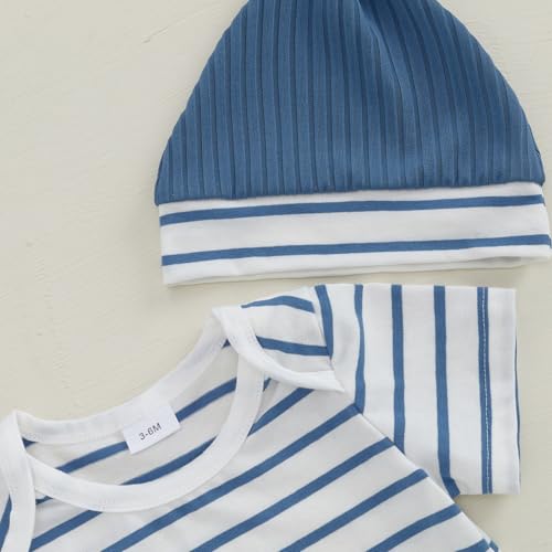 Bonangber Newborn Baby Boy Summer Clothes Stripe Short Sleeve Romper Suspender Pants Hat 3Pcs Set Cute Coming Home Outfit (A-Blue,0-3 Months) - Image 2