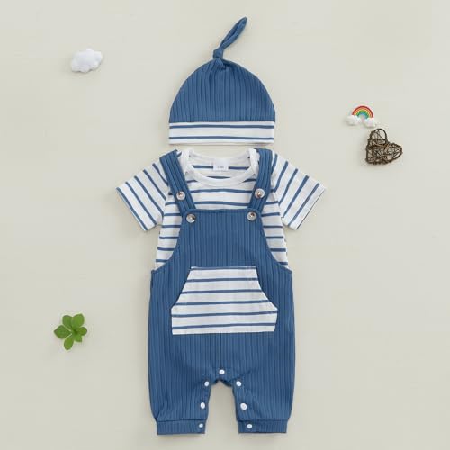Bonangber Newborn Baby Boy Summer Clothes Stripe Short Sleeve Romper Suspender Pants Hat 3Pcs Set Cute Coming Home Outfit (A-Blue,0-3 Months) - Image 5