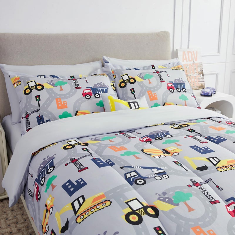 Mooreeke Kids Twin Comforter Sets for Boys 6 Pieces Excavator Grey Bedding Set for Teens Soft Microfiber Kids Bed in A Bag with Comforter, Sheet Set, Shams and Decorative Toy Pillow All Season - Image 2