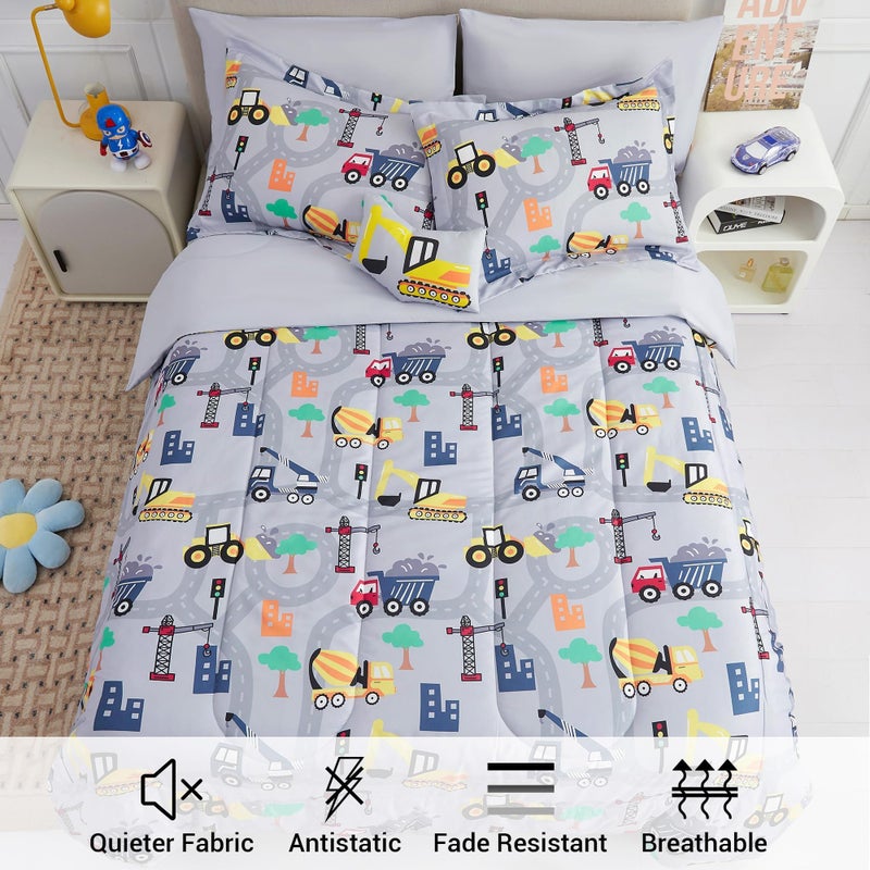 Mooreeke Kids Twin Comforter Sets for Boys 6 Pieces Excavator Grey Bedding Set for Teens Soft Microfiber Kids Bed in A Bag with Comforter, Sheet Set, Shams and Decorative Toy Pillow All Season - Image 3