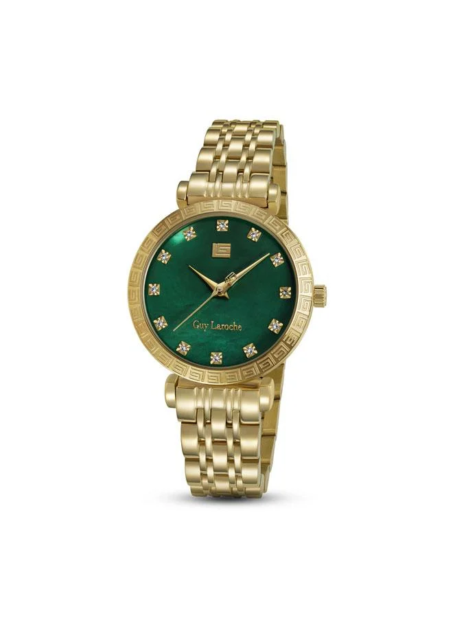 Guy Laroche Elodie Green Mother of Pearl Dial Gold Metal Bracelet Analog Watch for Women 32mm