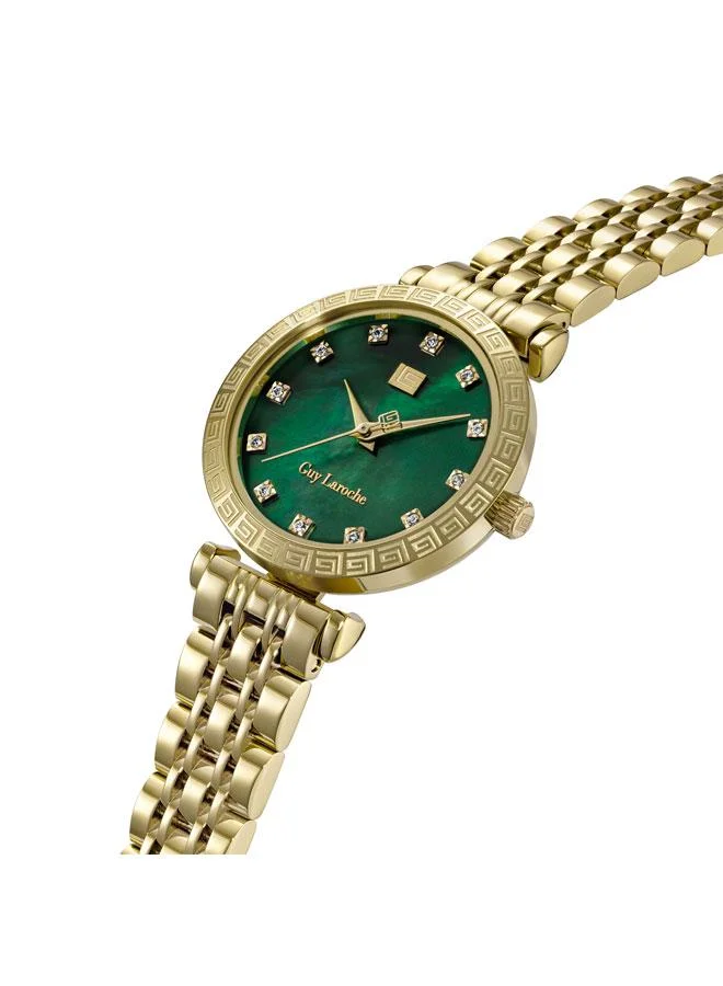 Guy Laroche Elodie Green Mother of Pearl Dial Gold Metal Bracelet Analog Watch for Women 32mm