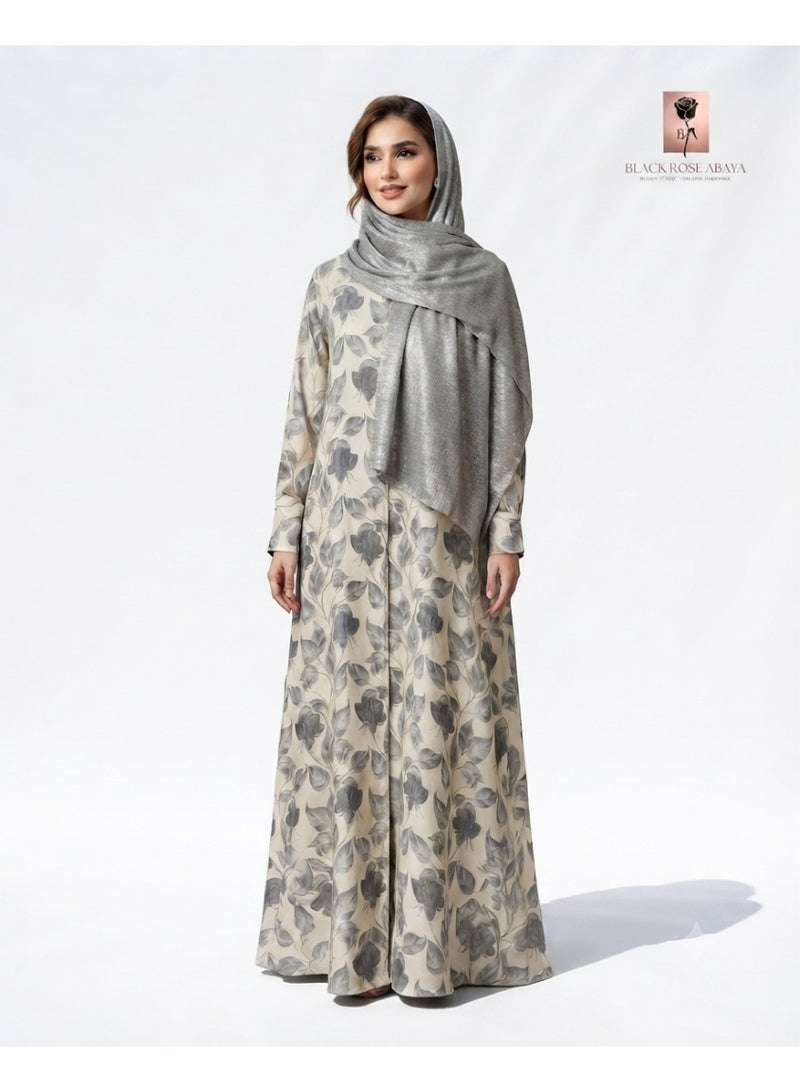 عباية نسائية، للاستخدام اليومي، بنقشة زهور، بيج/رمادي - Image 1