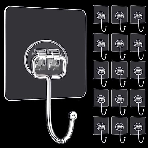 DKHDBD Large Adhesive Hooks, 16-Pack Hold 33lb(Max) Heavy Duty Sticky Hooks, Waterproof Transparent Hooks for Hanging, Self-Adhesive Traceless Clear Wall Hooks to Use for Keys Robe & Towel - Image 1